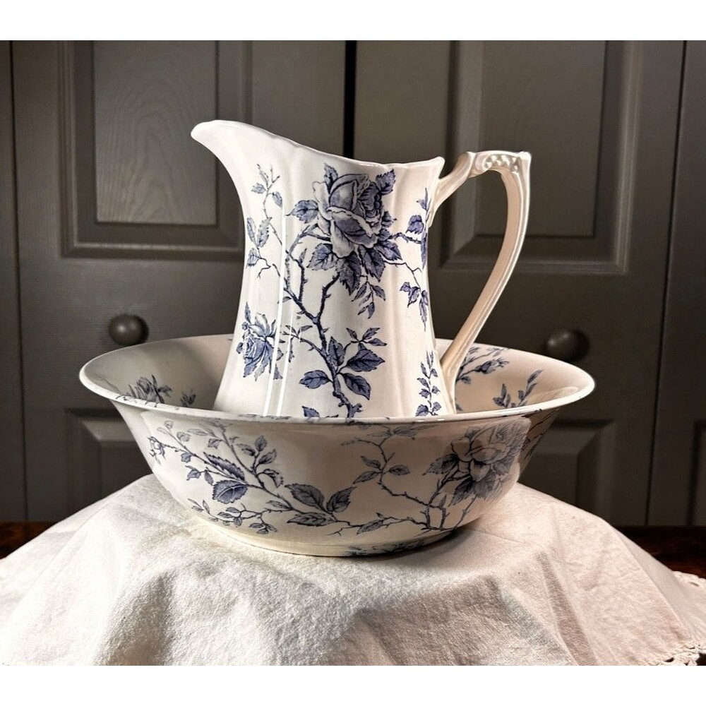 Vintage Alfred Meakin "Rosa" Blue and White Ironstone Wash Pitcher and Basin Set